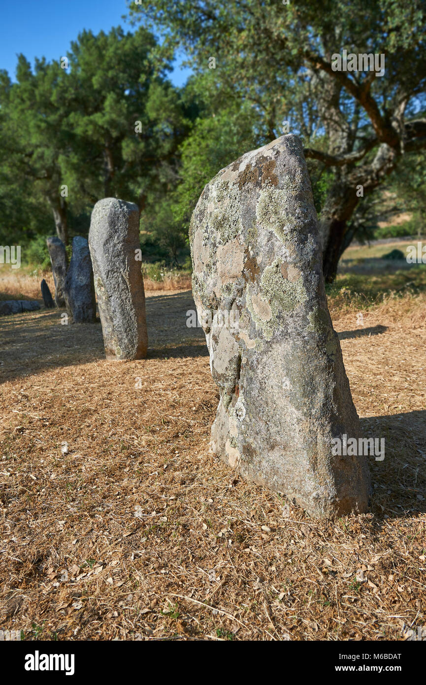 Foto e immagini di età preistorica età del rame proto antropomorfe in pietra permanente statua menhir nel Biru 'e Concas archaeolological sito, Sorgono, Foto Stock