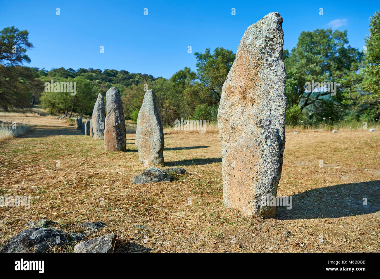 Foto e immagini di età preistorica età del rame proto antropomorfe in pietra permanente statua menhir nel Biru 'e Concas archaeolological sito, Sorgono, Foto Stock