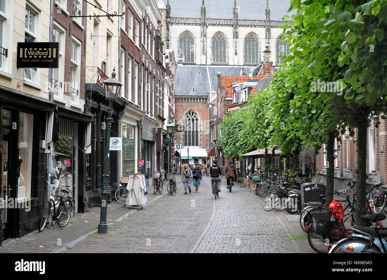 In Warmoesstraat, Haarlem, Olanda Settentrionale, Paesi Bassi. Guardando verso il St Bavo chiesa alla fine della strada. Foto Stock