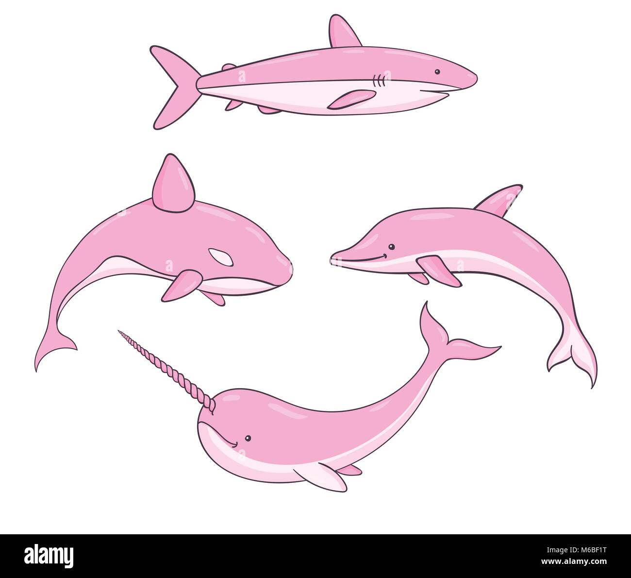Set di carino vettore rosa la vita subacquea con la balena, squalo, narwhal e Dolphin. Creature del mare isolato su uno sfondo bianco. Illustrazione Vettoriale