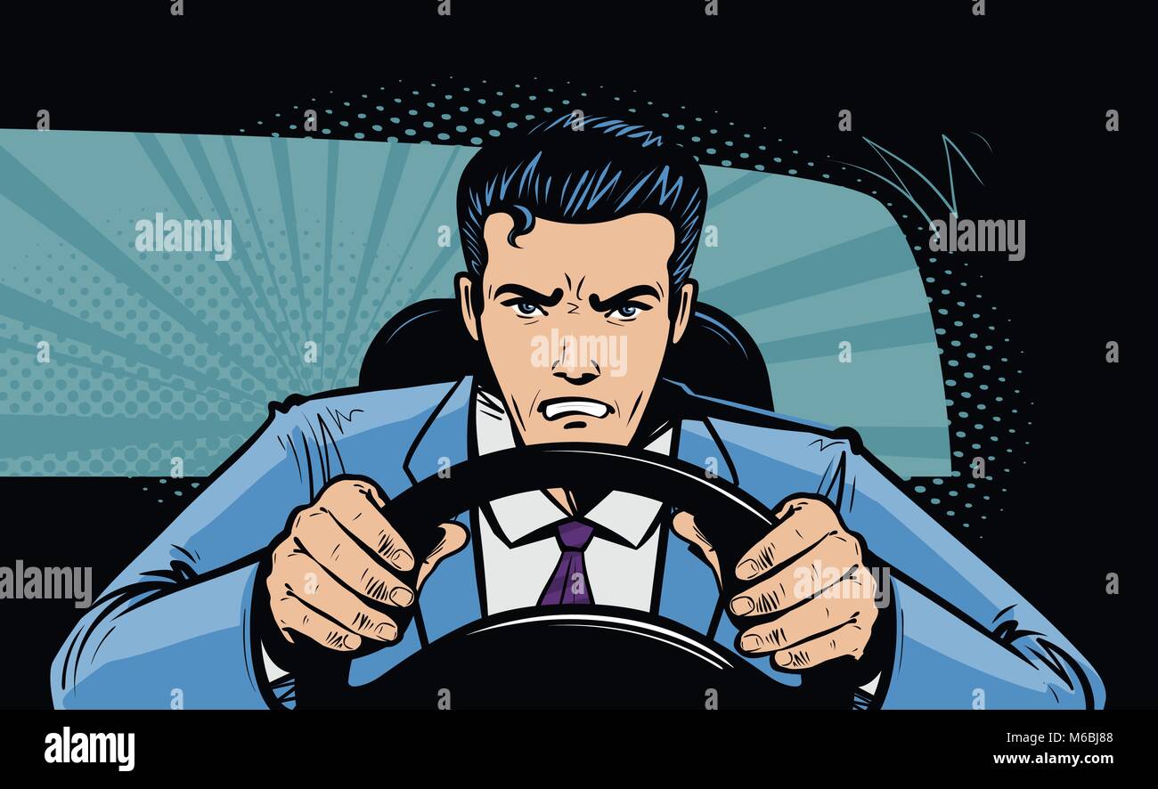 Driver aggressivo dietro al volante della vettura. Gara inseguimento nel pop art rétro in stile fumetto. Fumetto illustrazione vettoriale Illustrazione Vettoriale