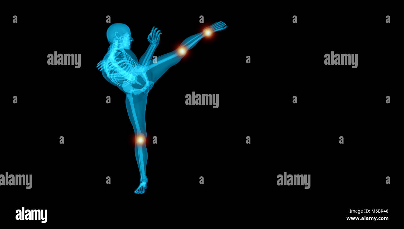 3D illustrazione di un uomo traslucido calci alta pur avendo dolore nelle sue articolazioni Foto Stock