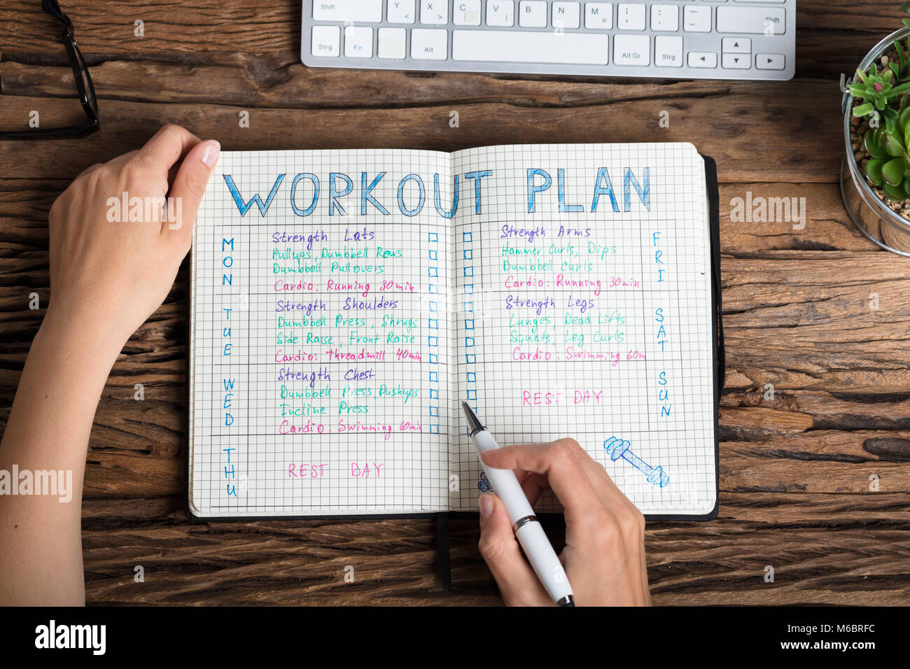 Close-up di una mano umana la preparazione del piano di allenamento sul notebook a griglia Foto Stock