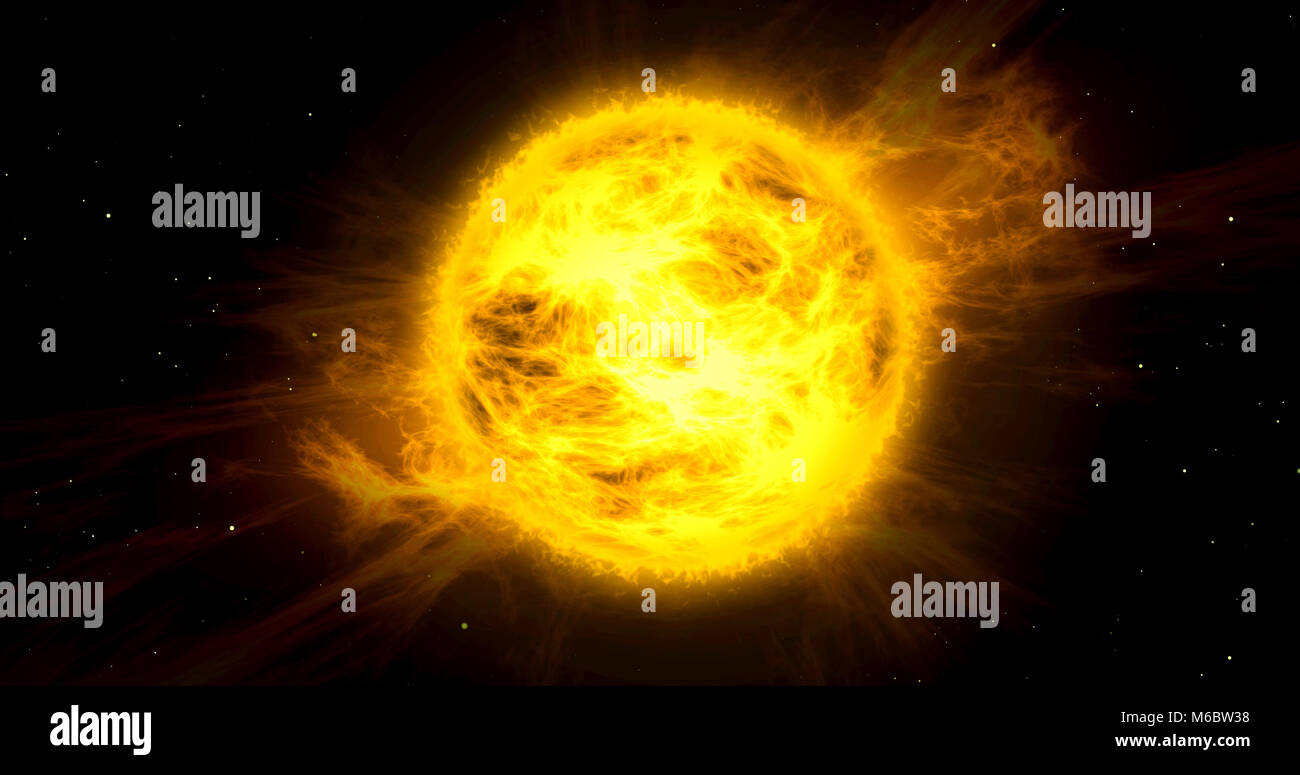 Tempesta solare nello spazio. Concetto di hot orange e il giallo sole con energia di nuvole con stelle in background. Foto Stock