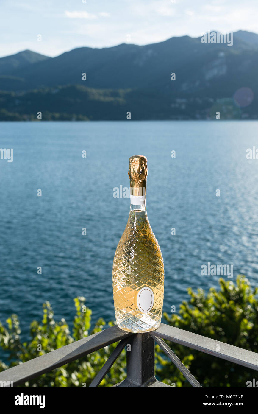 Un ben progettato e ancora chiusa la bottiglia di champagne su una ringhiera sul lago con la sponda opposta in background Foto Stock