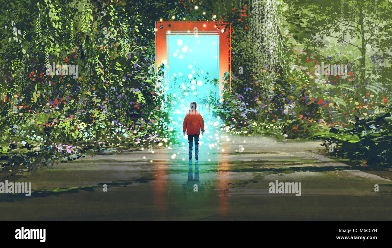 Scenario di fantasia che mostra il ragazzo che sta di fronte al Magic Gate con luce blu accesa nella splendida foresta, arte digitale stile, illustrazione vernice Foto Stock