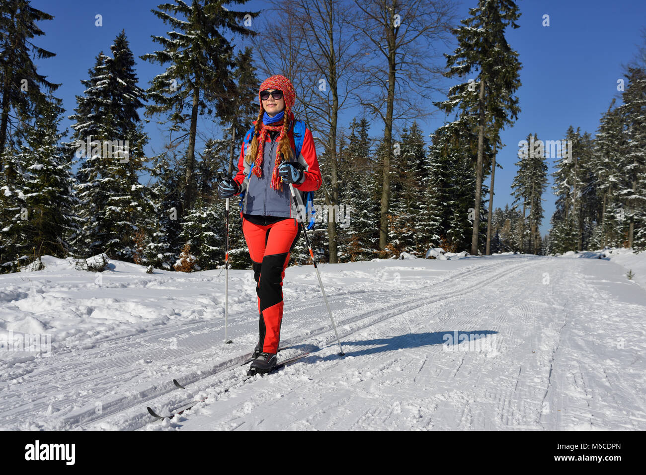 La donna nel vestito del colore su sci da fondo tra alberi rivestiti con la neve in montagna in Polonia Foto Stock