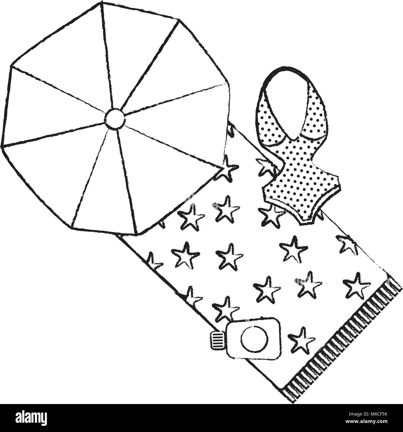 Ombrellino del costume da bagno Asciugamani di spiaggia di schermo solare immagine dell'icona Illustrazione Vettoriale