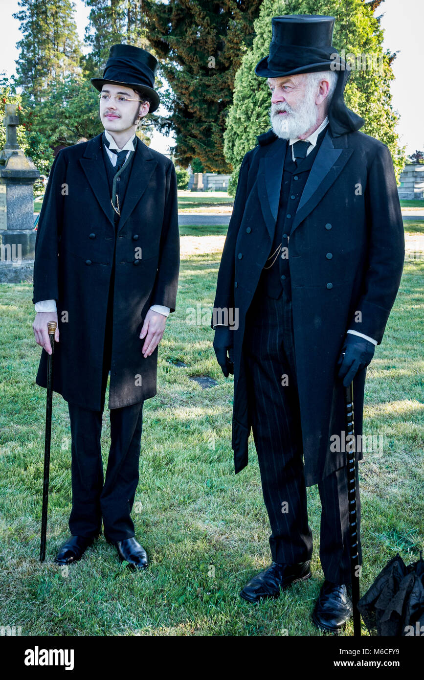 Funerali lutto, era vittoriana top hat e code, Mountain View cimitero, Vancouver, British Columbia, Canada, Foto Stock