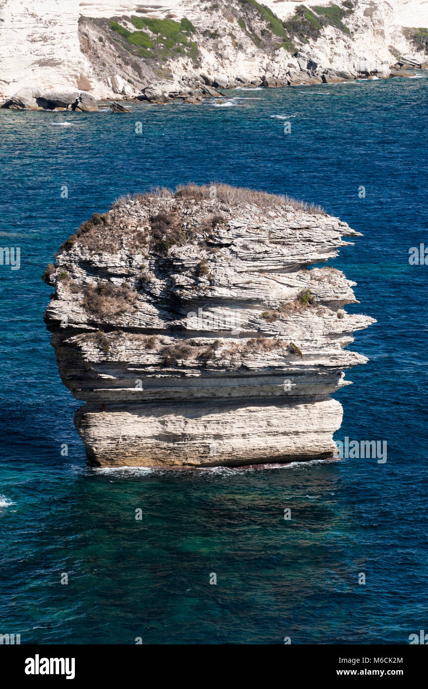 Corsica: la mozzafiato bianche scogliere calcaree di Bonifacio in International Bouches de Bonifacio parco marino, riserva naturale dal 1993 Foto Stock