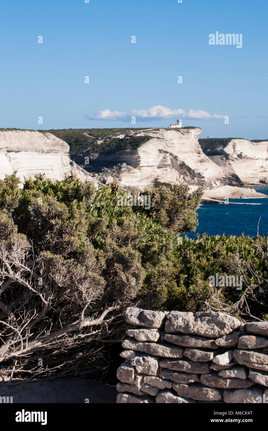 Corsica: muro di pietra e le bianche scogliere calcaree nella International Bouches de Bonifacio parco marino con vista del capo Pertusato faro Foto Stock