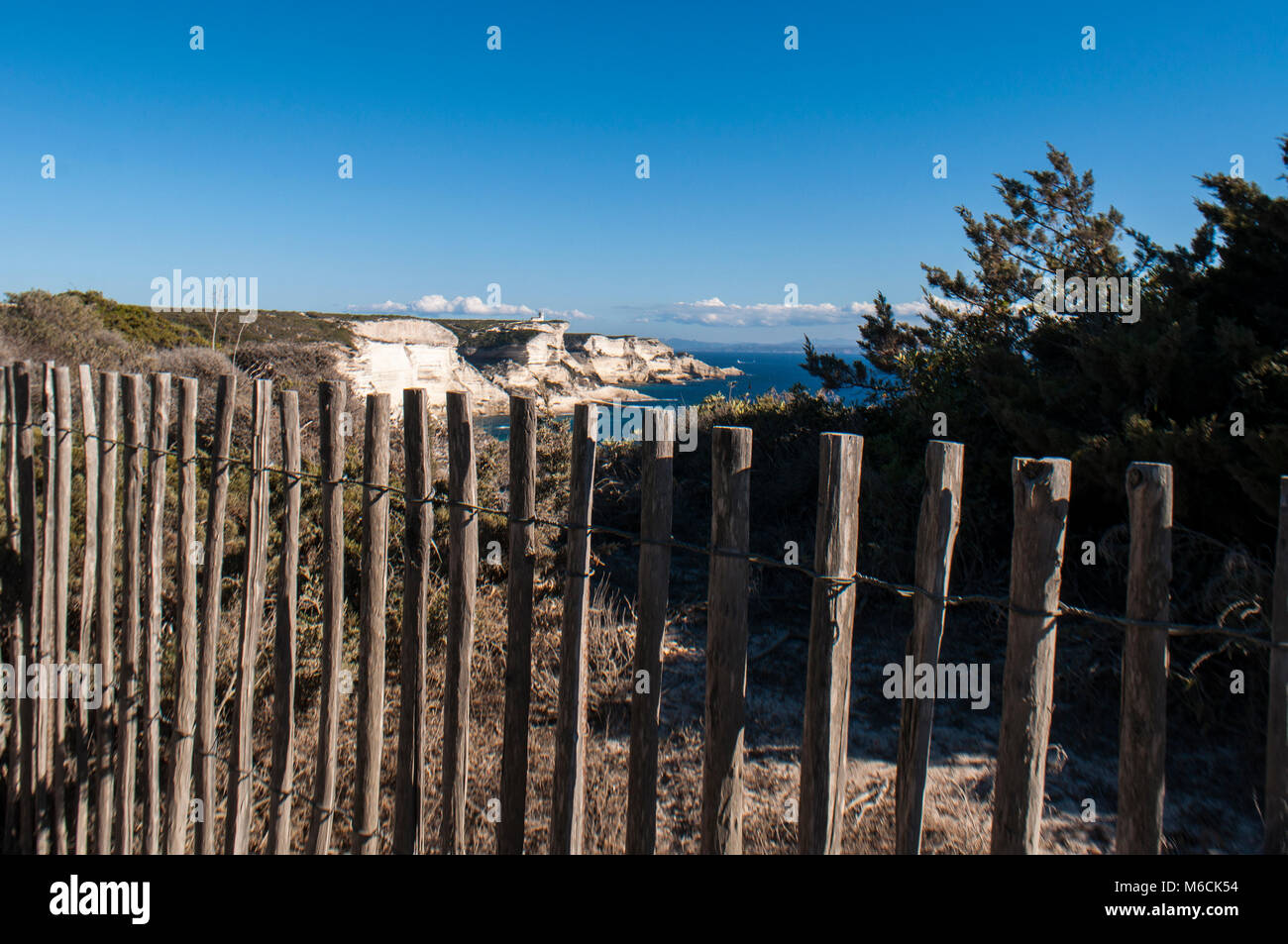 Corsica: staccionata in legno e le bianche scogliere calcaree nella International Bouches de Bonifacio parco marino con vista del capo Pertusato faro Foto Stock