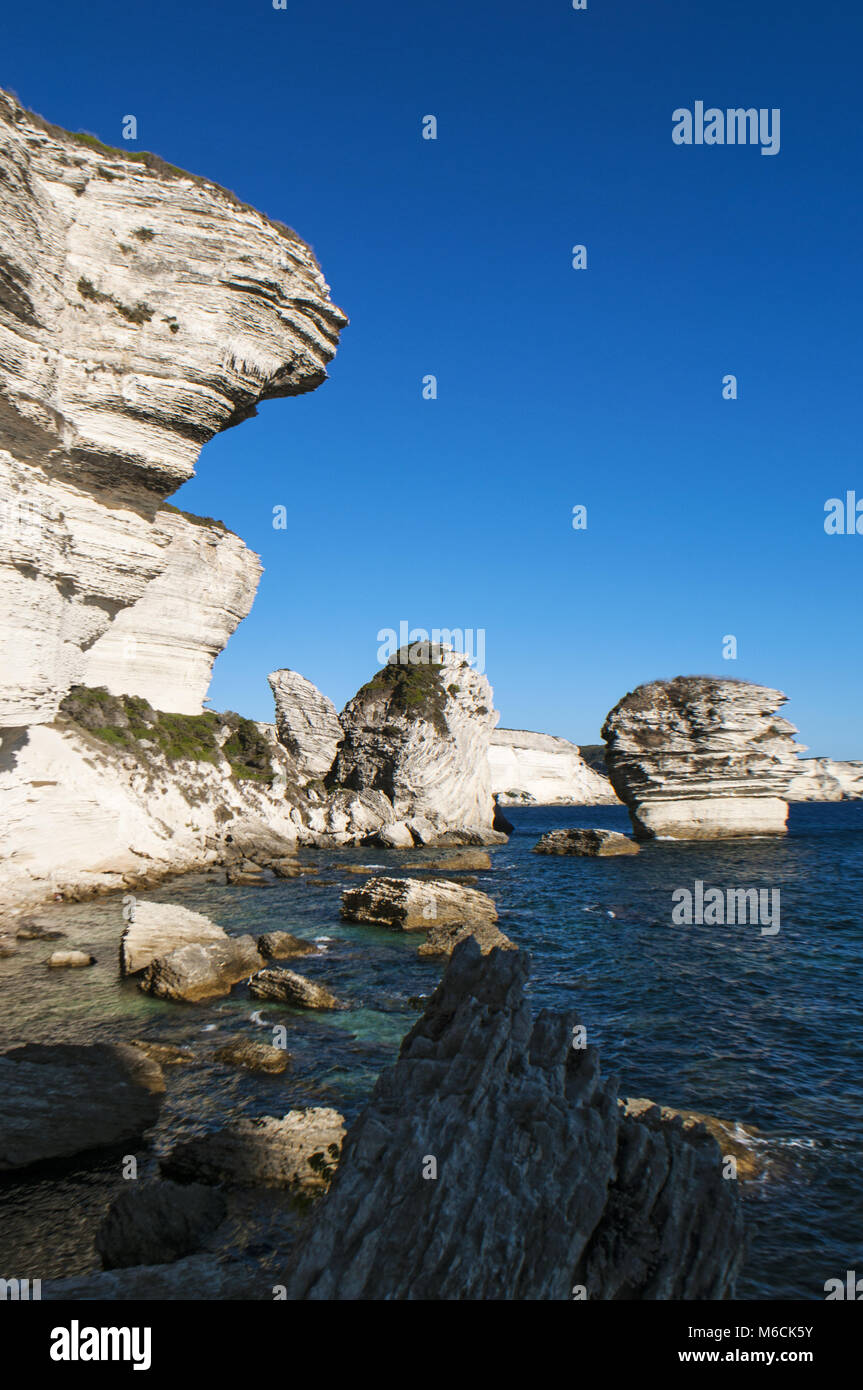 Corsica: la mozzafiato bianche scogliere calcaree di Bonifacio in International Bouches de Bonifacio parco marino, riserva naturale dal 1993 Foto Stock