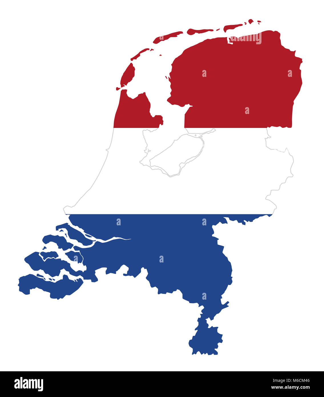 Bandiera nel profilo dei Paesi Bassi. Bandiera nei colori rosso, bianco e blu. Tricolore orizzontale banner con la forma del paese. Isolato. Foto Stock