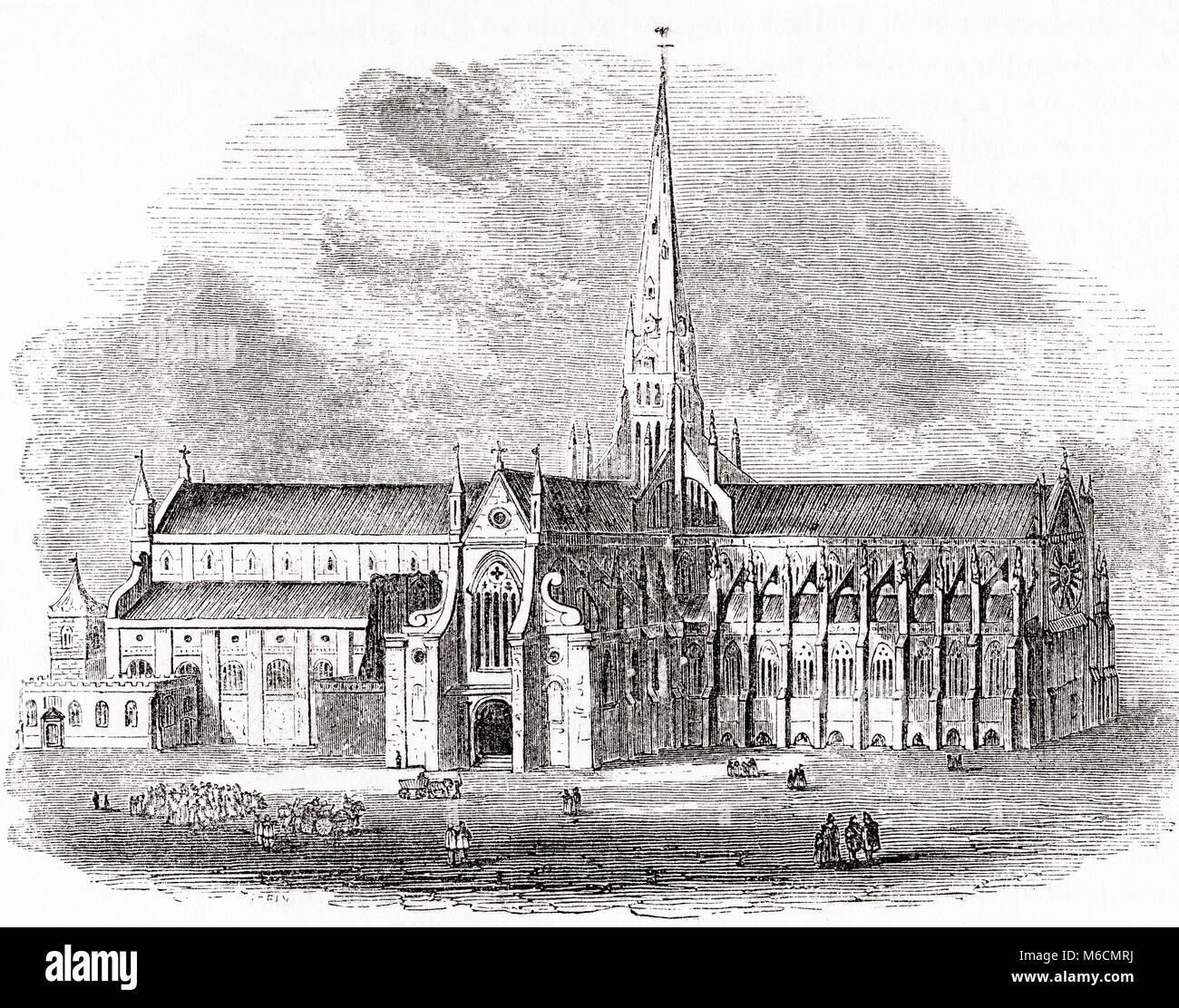 Vecchia Cattedrale di St Paul, Londra, Inghilterra come appariva prima della distruzione della guglia durante l'incendio del 1561. Da Vecchia Inghilterra: un museo pittorico, pubblicato nel 1847. Foto Stock