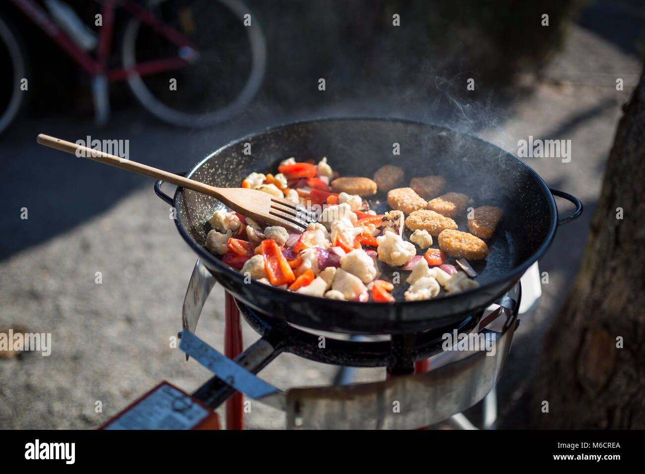 Il cibo in un recipiente per la cottura all'aperto. Foto Stock