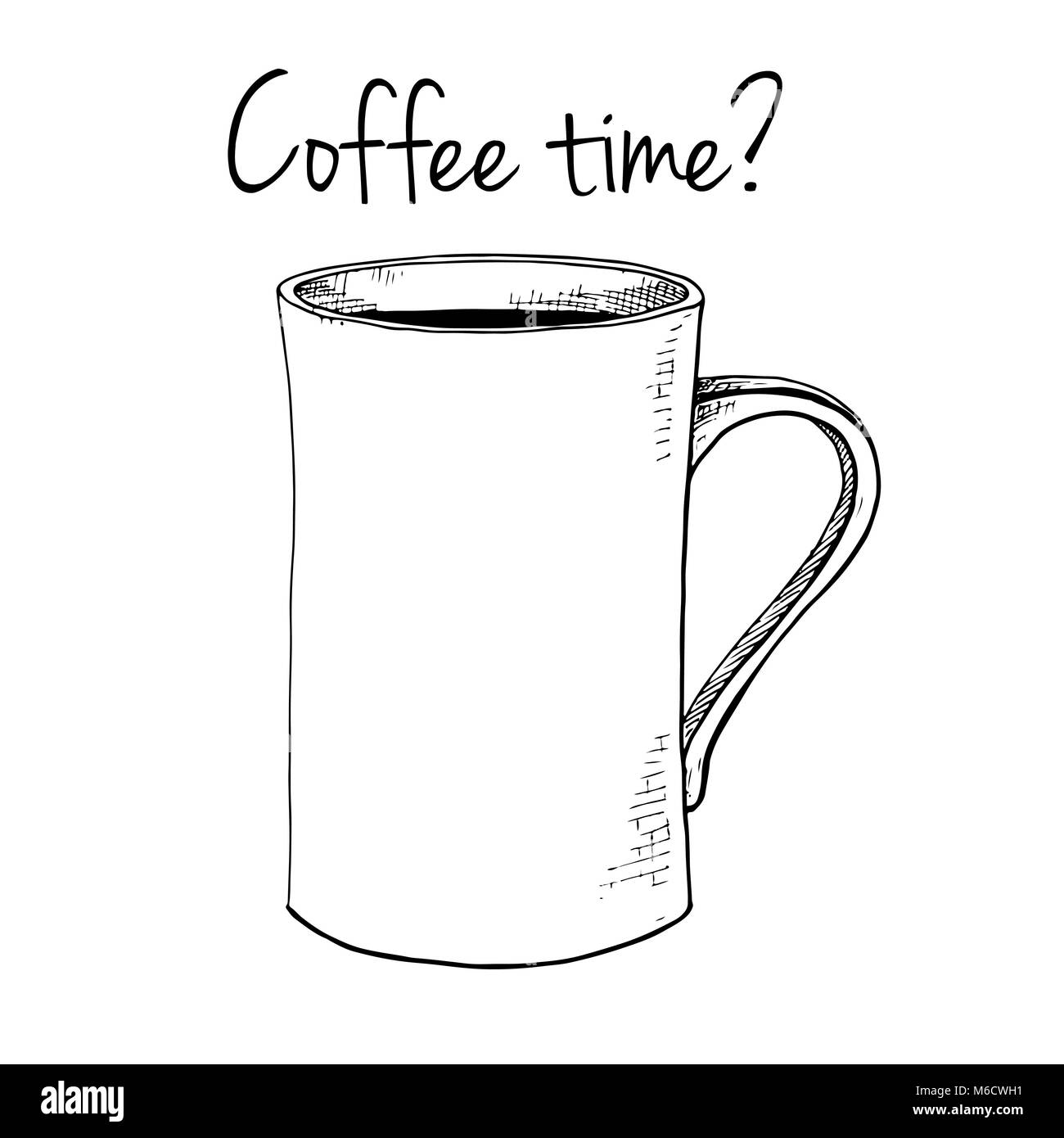 Disegnata a mano tazza. Testo tempo di caffè.illustrazione vettoriale nel disegno stile. Illustrazione Vettoriale