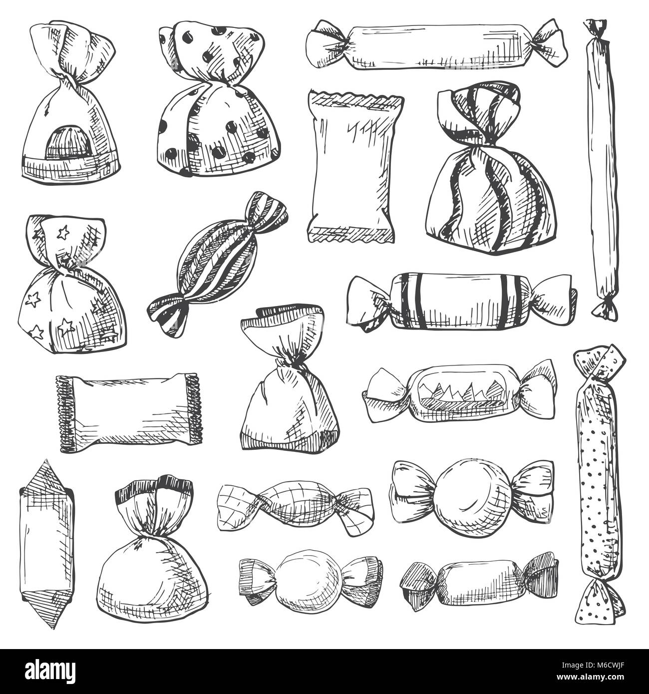 Disegnata a mano una grande serie di diversi dolci in un involucro. Illustrazione vettoriale di un disegno stile. Illustrazione Vettoriale