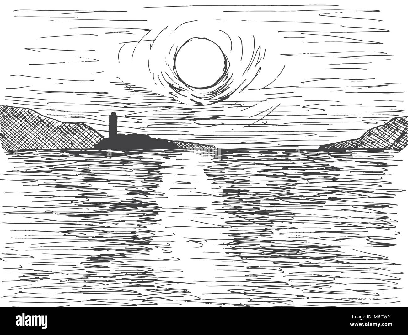 Disegnato a mano sole al tramonto sul mare. All'orizzonte è una