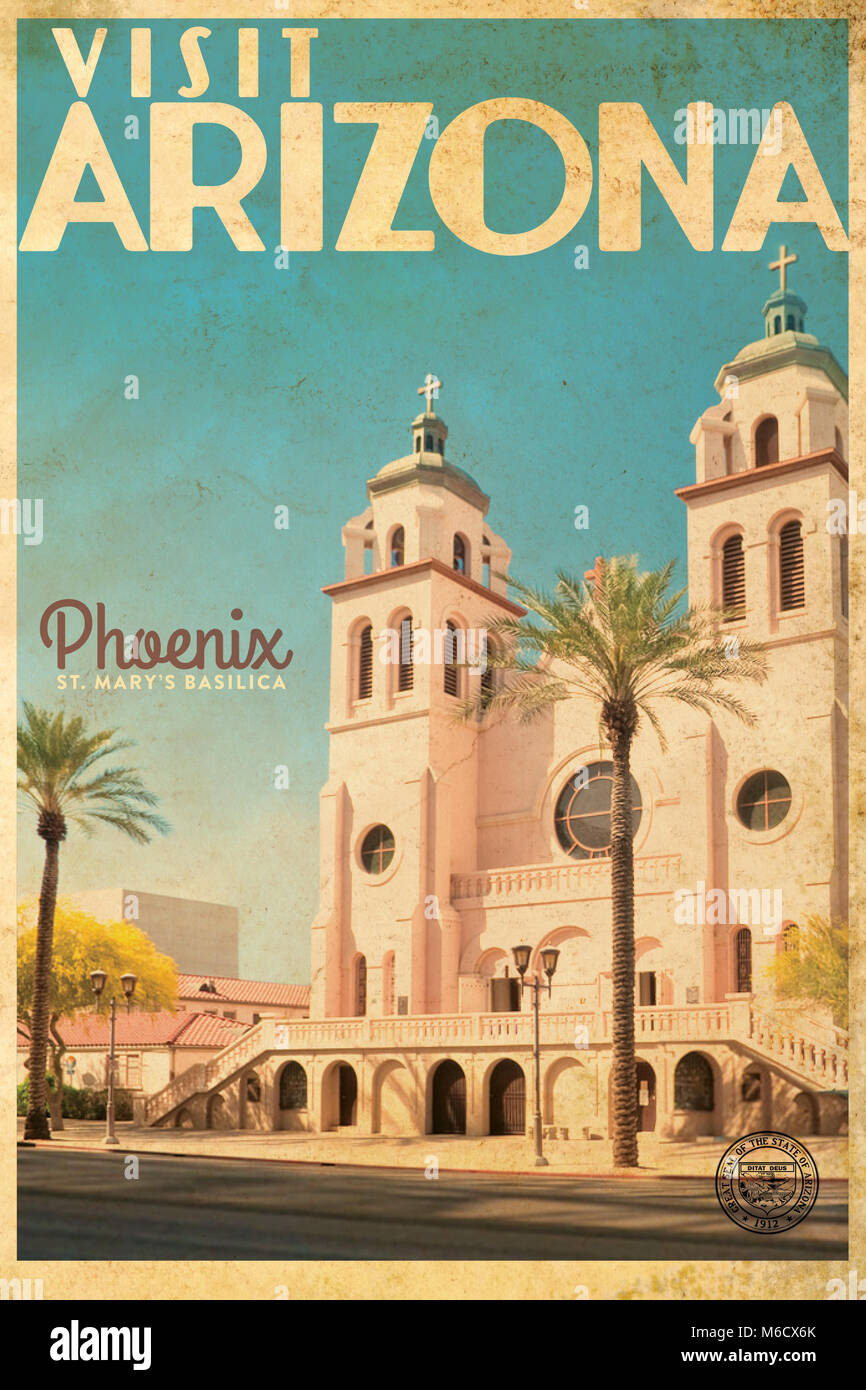 Retrò Vintage travel poster pubblicitario che mostra Saint Mary's Basilica a Phoenix in Arizona Foto Stock