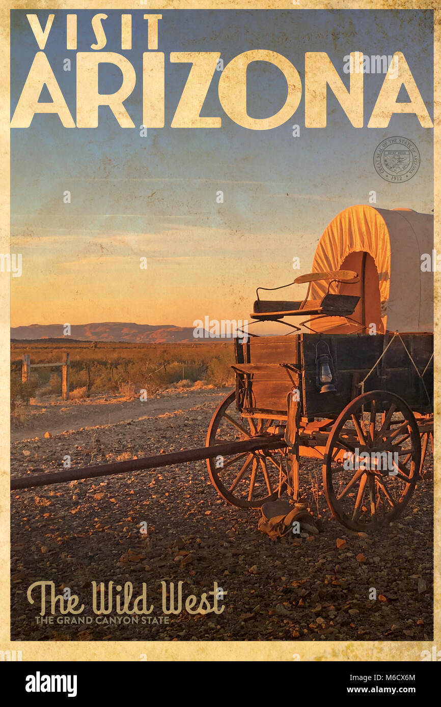 Vintage Arizona turismo poster pubblicitario del selvaggio West con un vecchio carro coperto nel deserto Foto Stock
