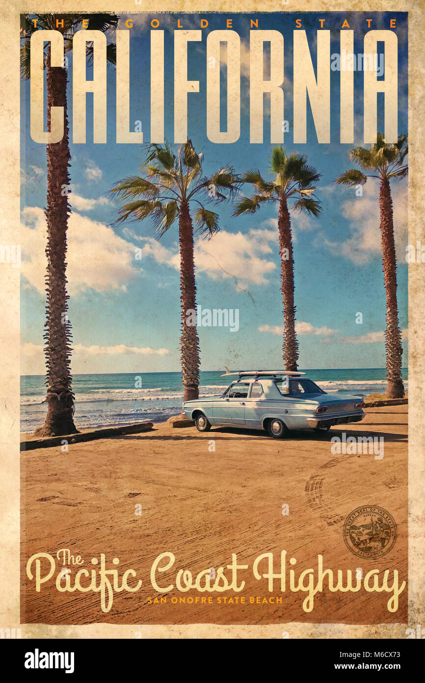 Vintage poster di viaggio o annuncio pubblicitario da San Onofre Beach sulla Highway 1 in California Foto Stock