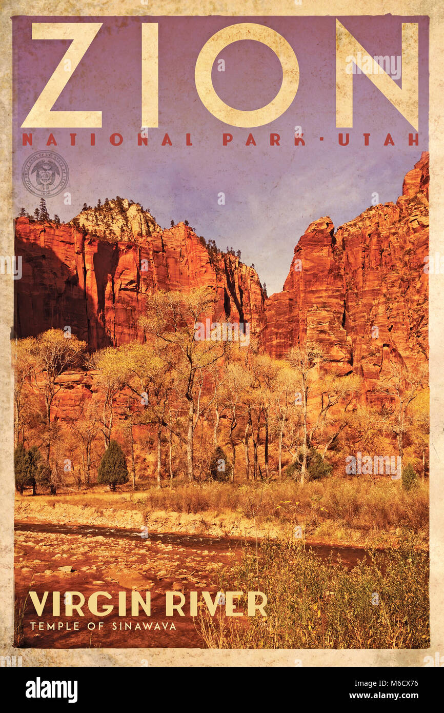 Vintage poster di viaggio o un annuncio pubblicitario di Zion National Park nello Utah Stati Uniti d'America (3 in serie) Foto Stock