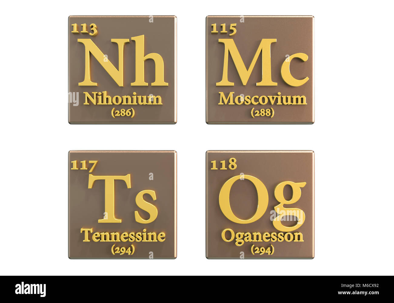 Illustrazione di computer più di recente gli elementi aggiunti alla tavola periodica (all'inizio del 2018). Essi sono; 113 niobio (NH), 115 Moscovium (Mc), 117 Tennessin (Ts) e 118 Oganesson (Og). Foto Stock