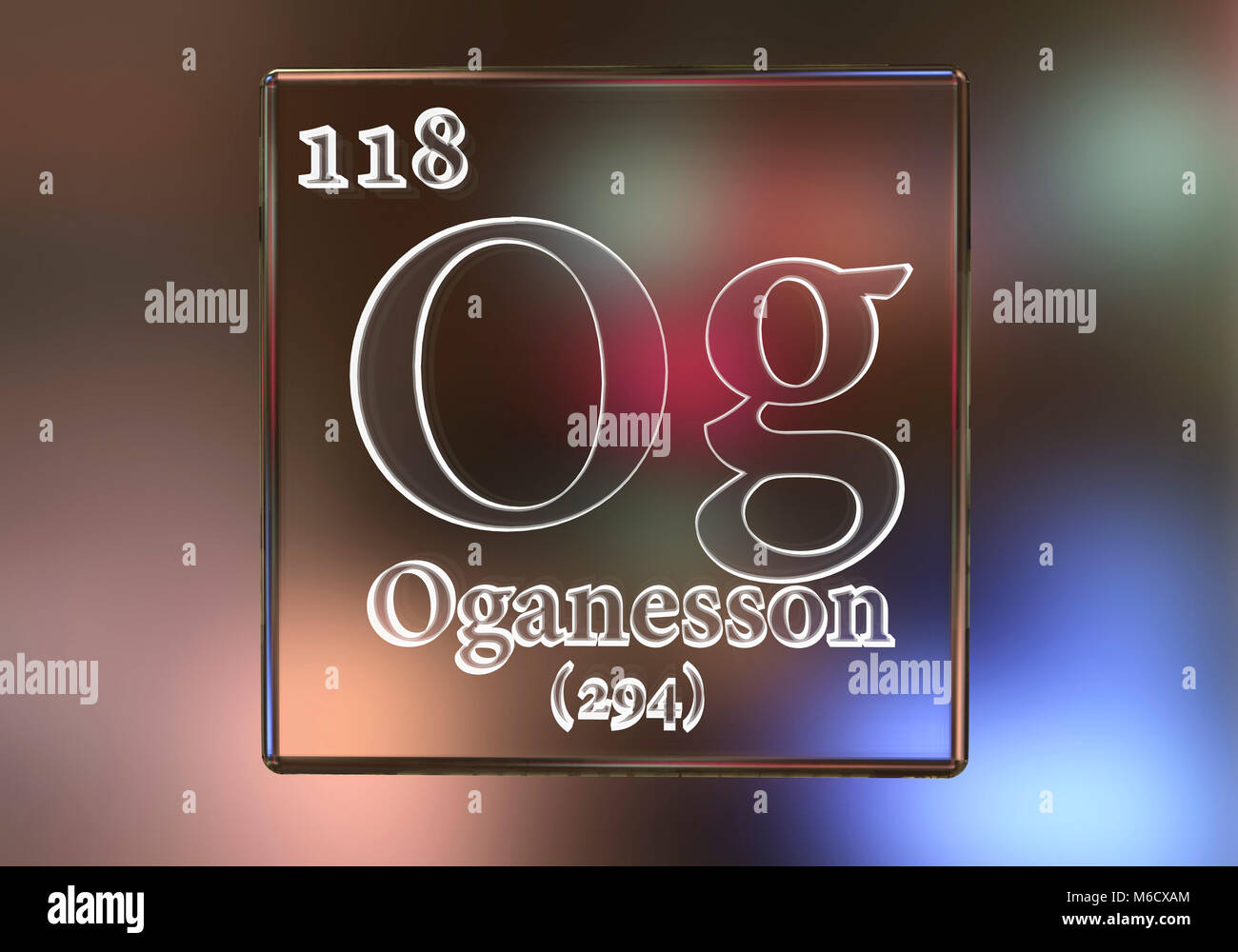 Illustrazione del computer di uno dei più recentemente aggiunto elementi per la tavola periodica (all'inizio del 2018): elemento 118 Oganesson (Og). Foto Stock