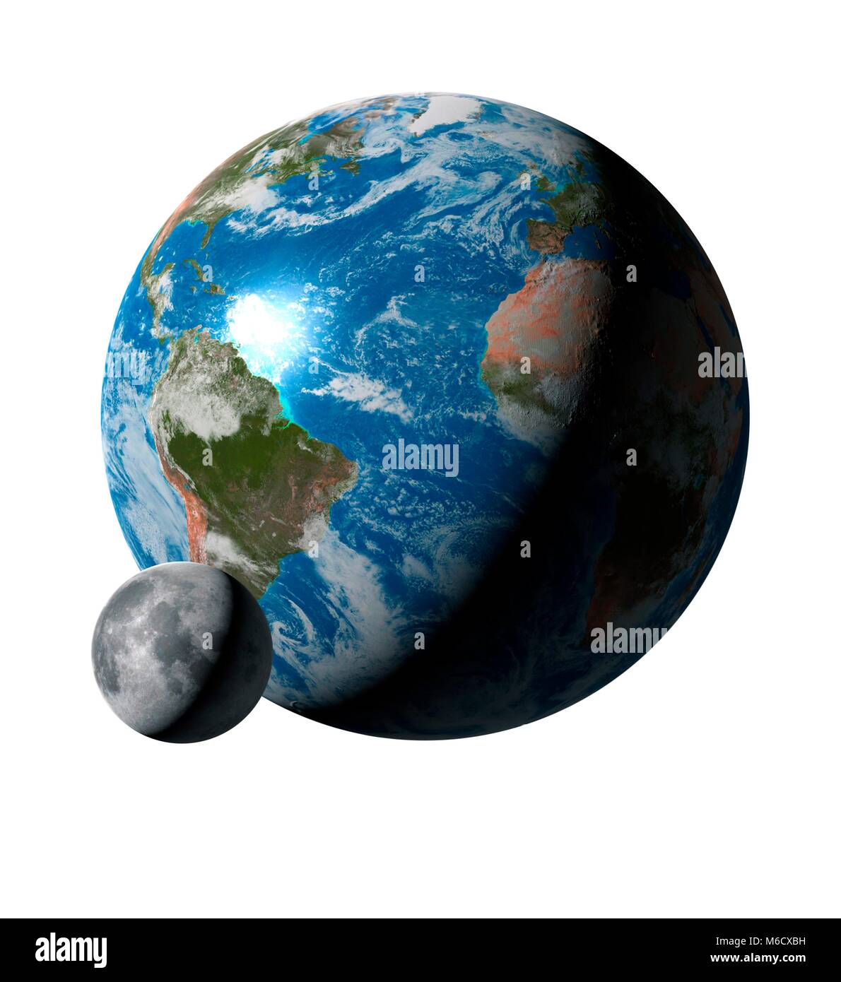 Per il confronto di immagini delle dimensioni della Terra con la sua unica luna. La Luna è il 27% della dimensione del suo genitore, che orbita una volta ogni 27,3 giorni. Nonostante le sue dimensioni diminitive rispetto alla massa, la luna è in realtà molto maggiore rispetto a ts genitore, rispetto a qualsiasi altro satellite naturale nel sistema solare, con l'eccezione di Plutone la più grande luna, Caronte. Foto Stock