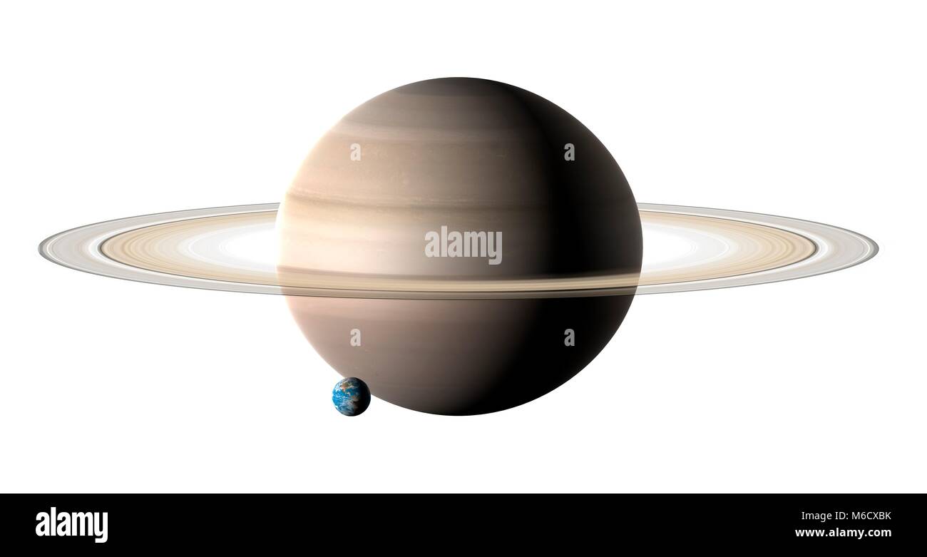Per il confronto di immagini delle dimensioni della Terra (sinistra) con il pianeta Saturno. Saturno è il sesto pianeta dal sole, con una distanza media da esso di 9,4 volte la distanza Earth-Sun. Essendo un fluido mondo di principalmente idrogeno ed elio, gli astronomi etichetta (lungo con Giove) un gigante di gas. Con un diametro di 9,4 volte quella della Terra, Saturno è il sistema solare della seconda più grande pianeta (dopo Giove). Foto Stock