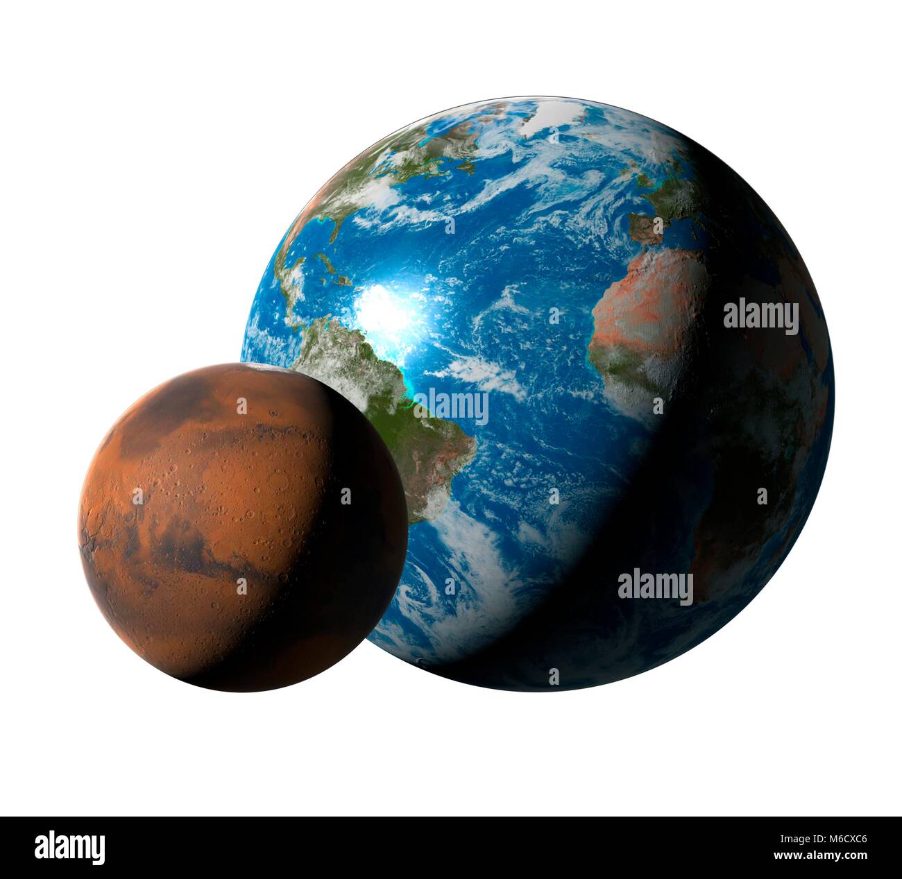 Computer artwork confrontando la dimensione di Marte (sinistra) con quella della Terra. Mars' diametro è 53% a quello di massa. Esso ha il dieci per cento della massa di terra ed è in media di 1,53 volte ulteriormente dal sole mentre la terra è ospite di oceani di acqua liquida e ha un relativamente denso di acqua ricca atmosfera, Marte è eccessivamente secco, freddo e, per quanto ci è dato di sapere, sterile. Si è pensato di avere perso la maggior parte della sua acqua per lo spazio di un lungo tempo fa, e qualsiasi che rimane è congelato a poli e bloccato nel profondo del suolo come permafrost. Foto Stock