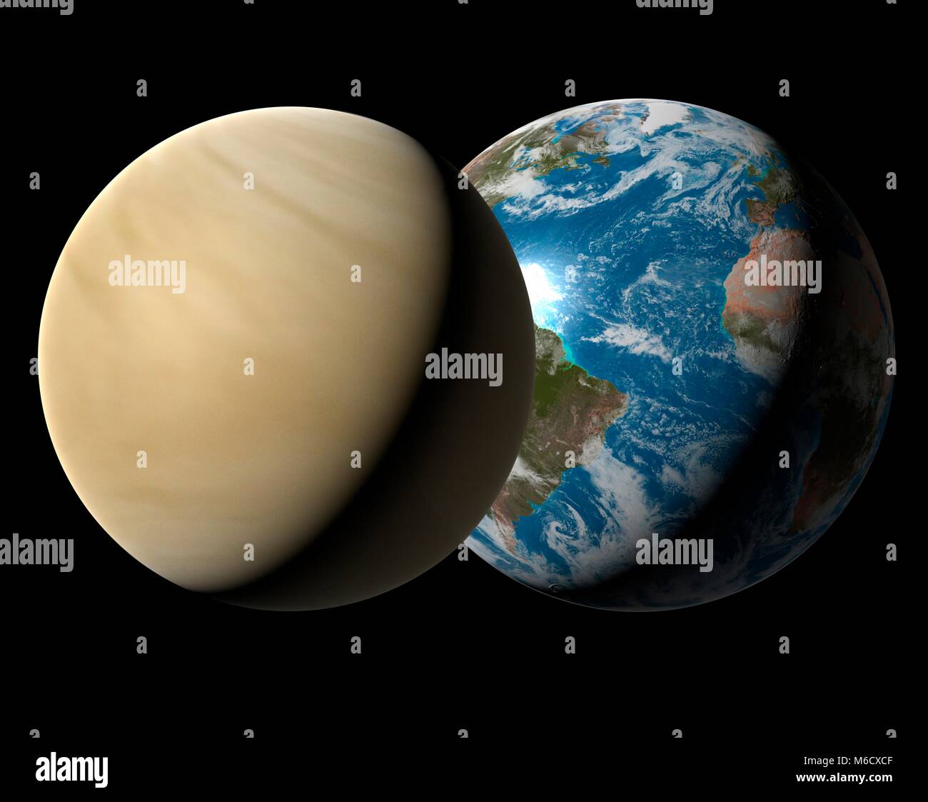 Per il confronto di immagini delle dimensioni della Terra (a destra) con il pianeta Venere. Venere è il secondo pianeta dal sole, con una distanza media da esso di 0,72 volte la distanza Earth-Sun. È anche il pianeta più caldi (pur essendo ulteriormente dal sole di mercurio) perché la sua densa atmosfera di anidride carbonica ha creato un runaway effetto serra. Piombo, stagno e zinco sarebbero tutte melt di Venere. Con un diametro del 95% a quella della Terra, Venere è il sistema solare è il sesto più grande pianeta. Foto Stock