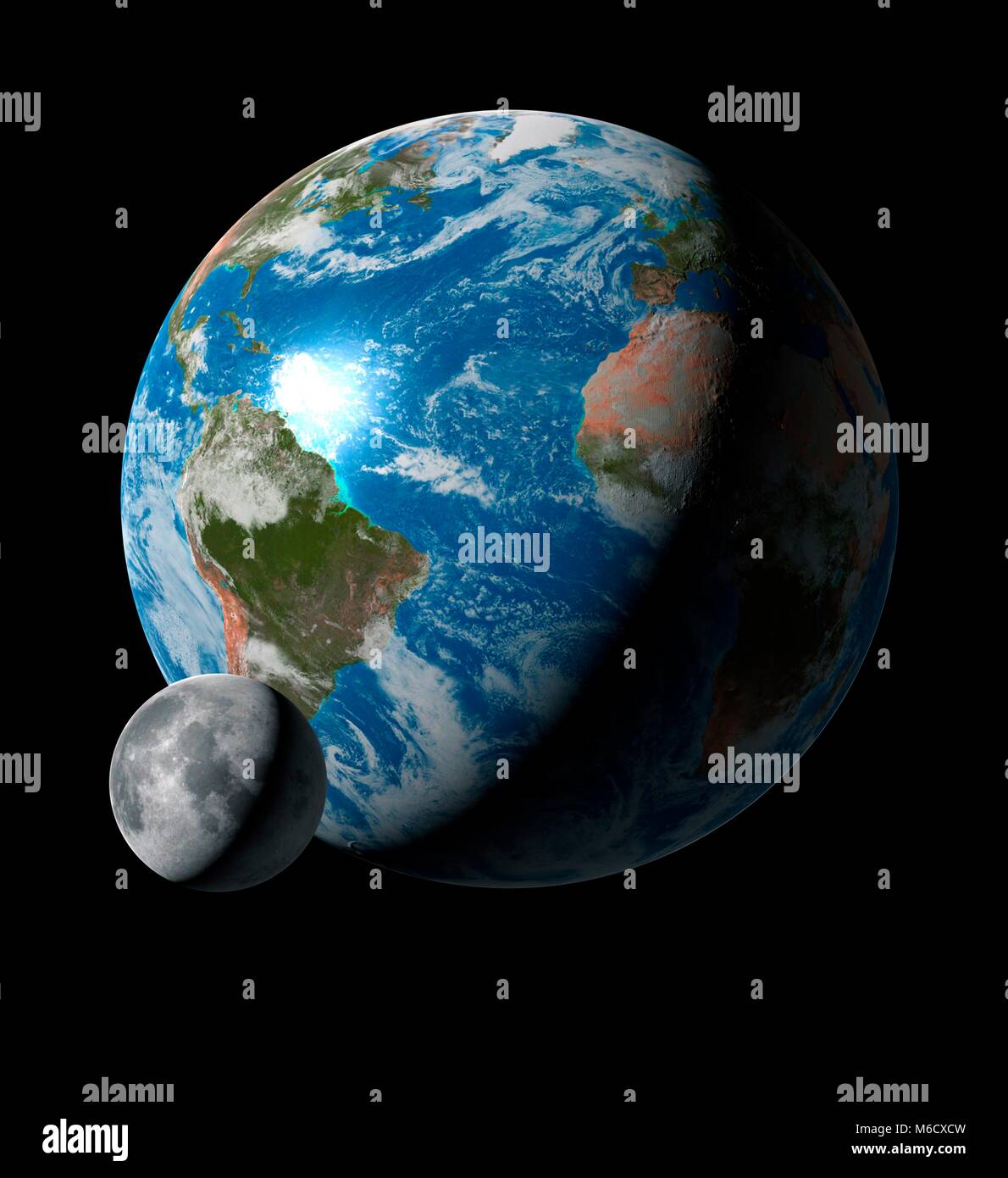 Per il confronto di immagini delle dimensioni della Terra con la sua unica luna. La Luna è il 27% della dimensione del suo genitore, che orbita una volta ogni 27,3 giorni. Nonostante le sue dimensioni diminitive rispetto alla massa, la luna è in realtà molto maggiore rispetto a ts genitore, rispetto a qualsiasi altro satellite naturale nel sistema solare, con l'eccezione di Plutone luna larget, Caronte. Foto Stock
