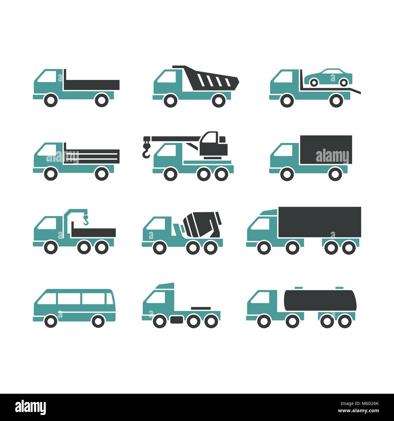Set di icone di camion su uno sfondo bianco. I carrelli di differente funzione. Illustrazione Vettoriale