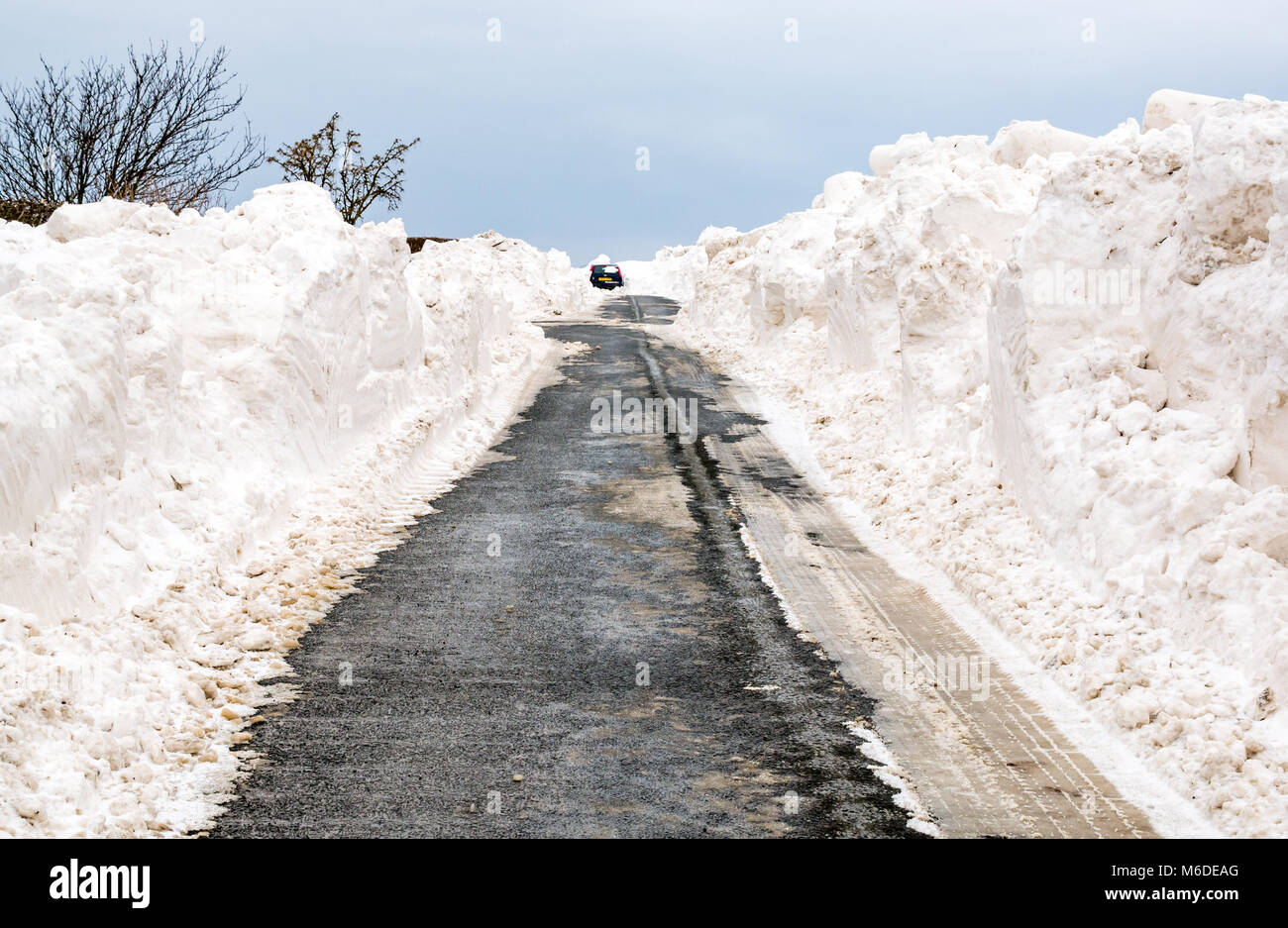 East Lothian, Scozia, Regno Unito, 3° marzo 2018. Regno Unito: Meteo la strada locale tra Drem e Haddington è chiuso da enormi derive di neve dopo la estrema arctic eventi meteo soprannominato "La Bestia da est'. Un auto è bloccato in un cumulo di neve Foto Stock