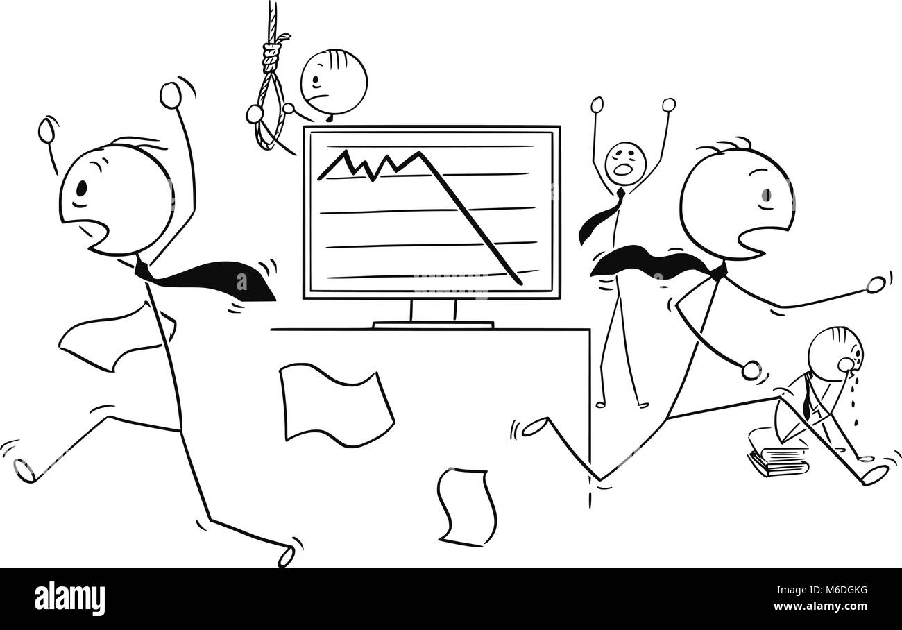 Cartoon di uomini di affari in preda al panico si sta esaurendo spaventata da grafico Illustrazione Vettoriale