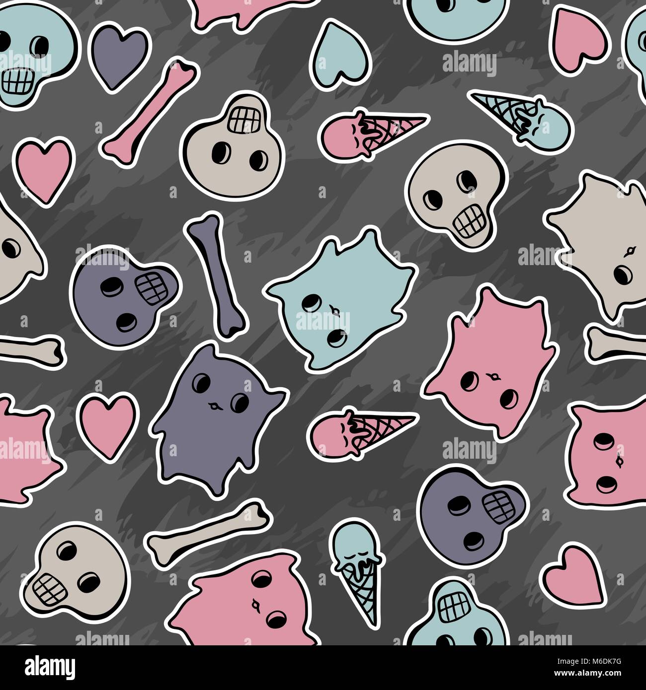 Teschi e cuori su sfondo nero - seamless pattern Illustrazione Vettoriale
