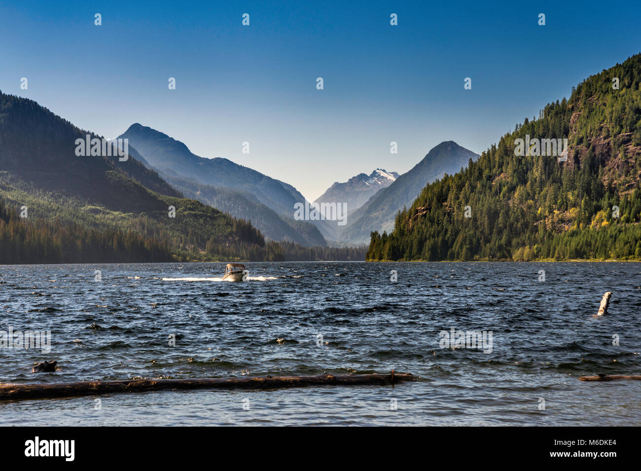 Speedboat al Lago Muchalat, Mount Bate in distanza, oro Muchalat Provincial Park, vicino Gold River, Isola di Vancouver, British Columbia, Canada Foto Stock