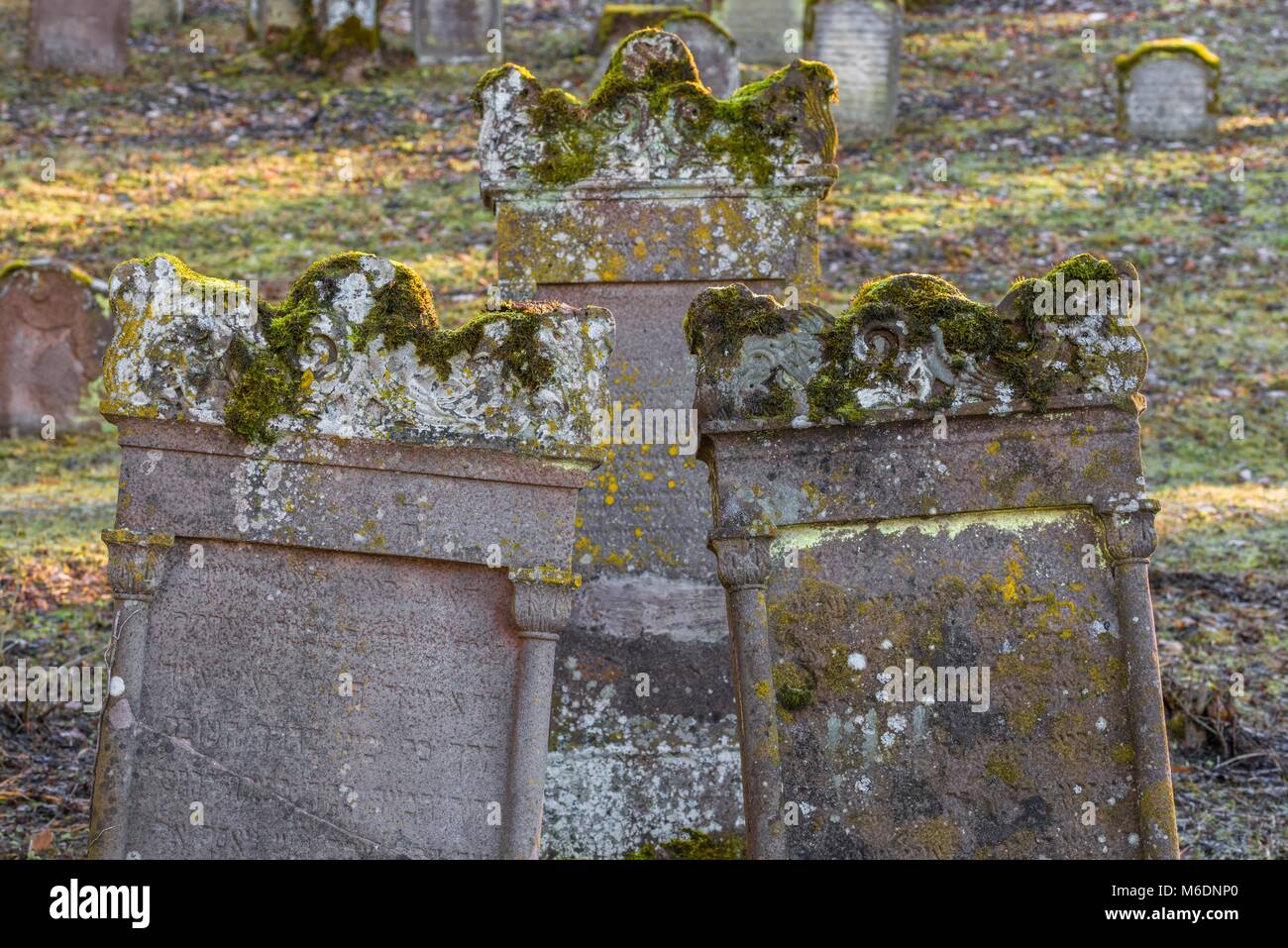 Vecchio Cimitero Ebraico con weathered lapidi, Germania Foto Stock