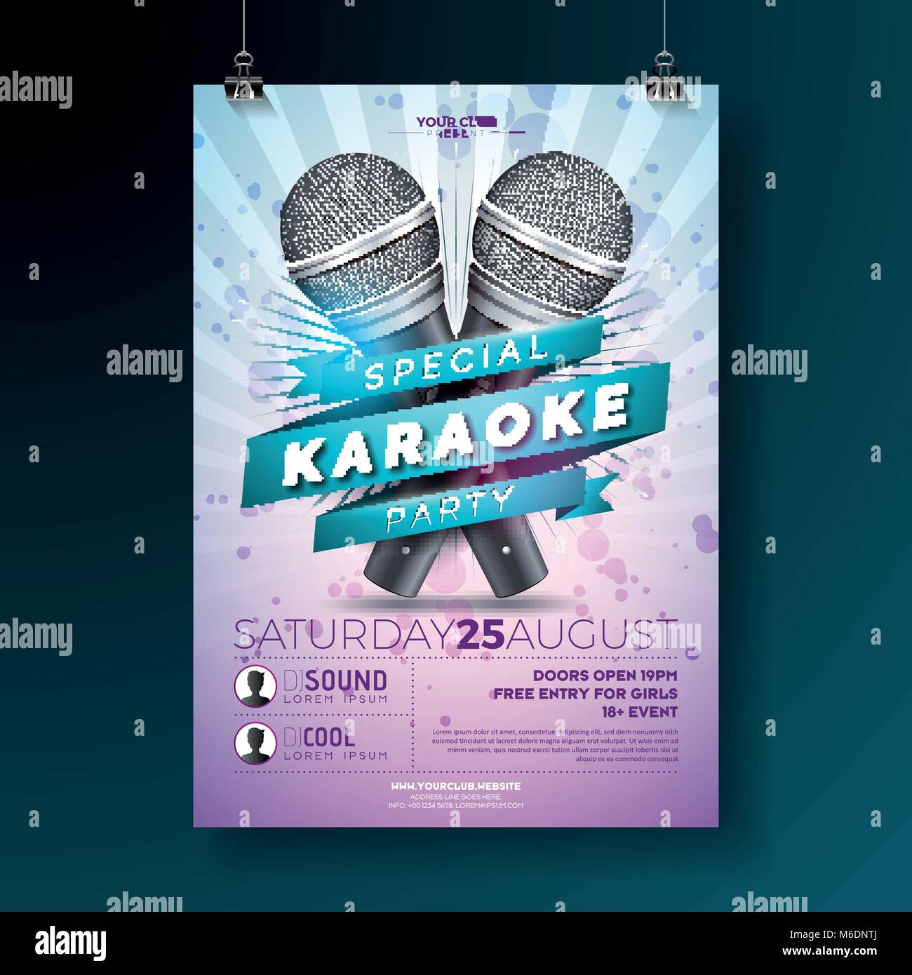 Vettore illustrazione Flyer su un Karaoke Partito tema con microfoni e nastro su sfondo viola. Illustrazione Vettoriale