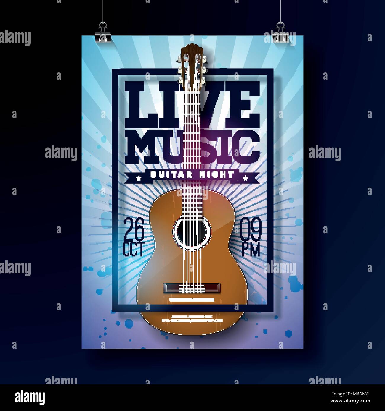 Musica dal vivo flyer design con la chitarra acustica su grunge sfondo . Illustrazione Vettoriale. Illustrazione Vettoriale