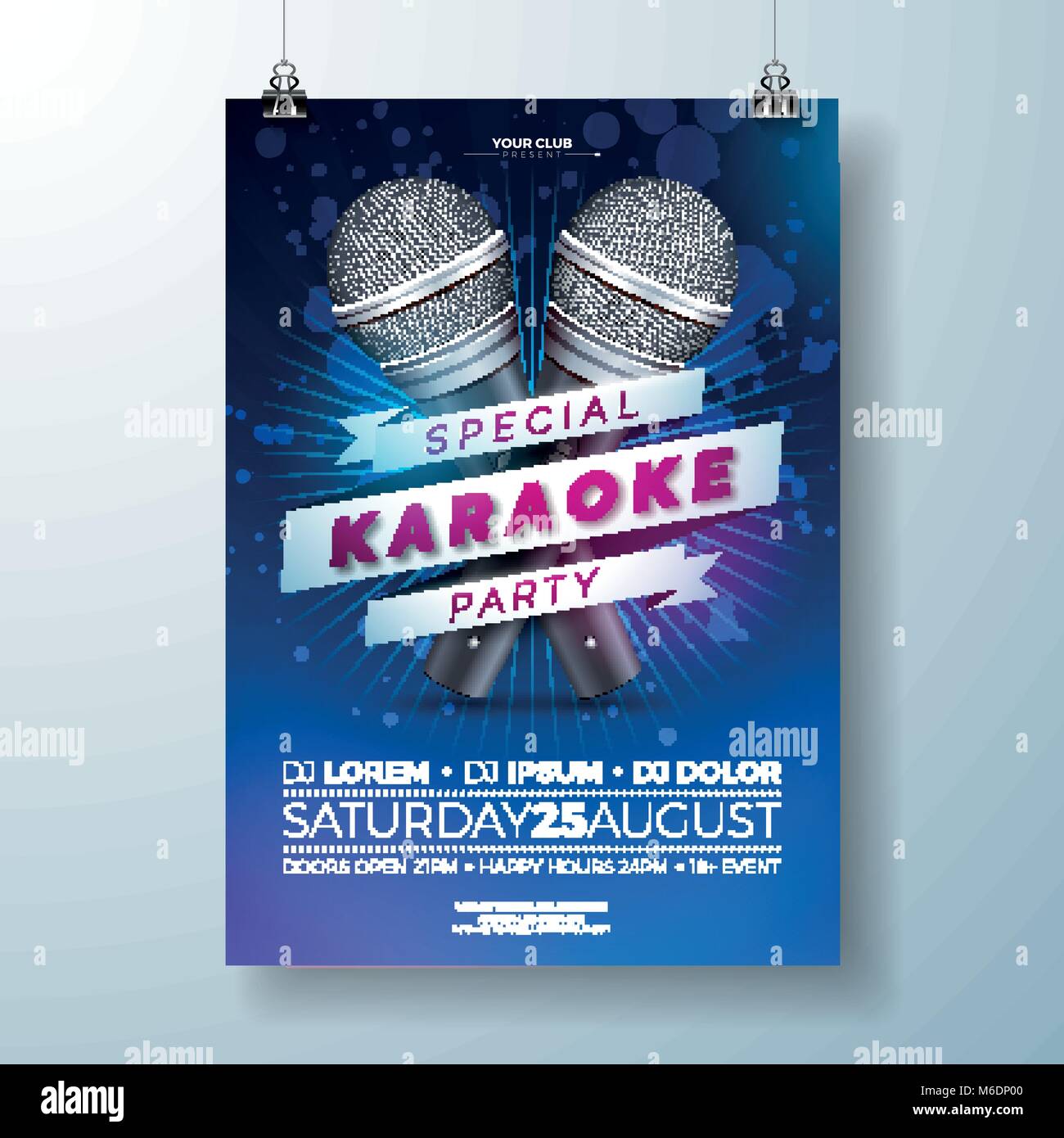 Vettore illustrazione Flyer su un Karaoke Partito tema con microfoni e nastro su sfondo blu scuro. Illustrazione Vettoriale