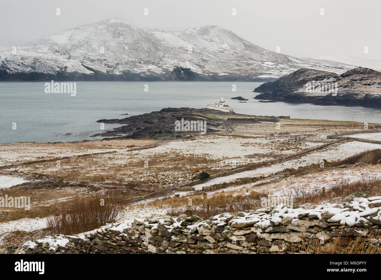 Neve sull' isola Valentia, nella contea di Kerry, Irlanda durante la tempesta Emma. Prima nevicata in 8 anni. Foto Stock