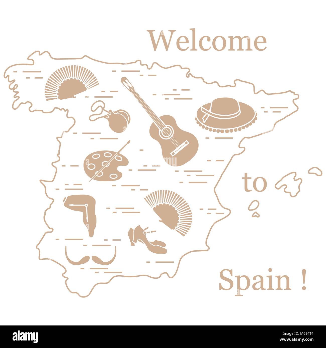 Illustrazione Vettoriale con vari simboli di Spagna disposti in un cerchio. Viaggi e tempo libero. Design per banner, poster o di stampa. Illustrazione Vettoriale