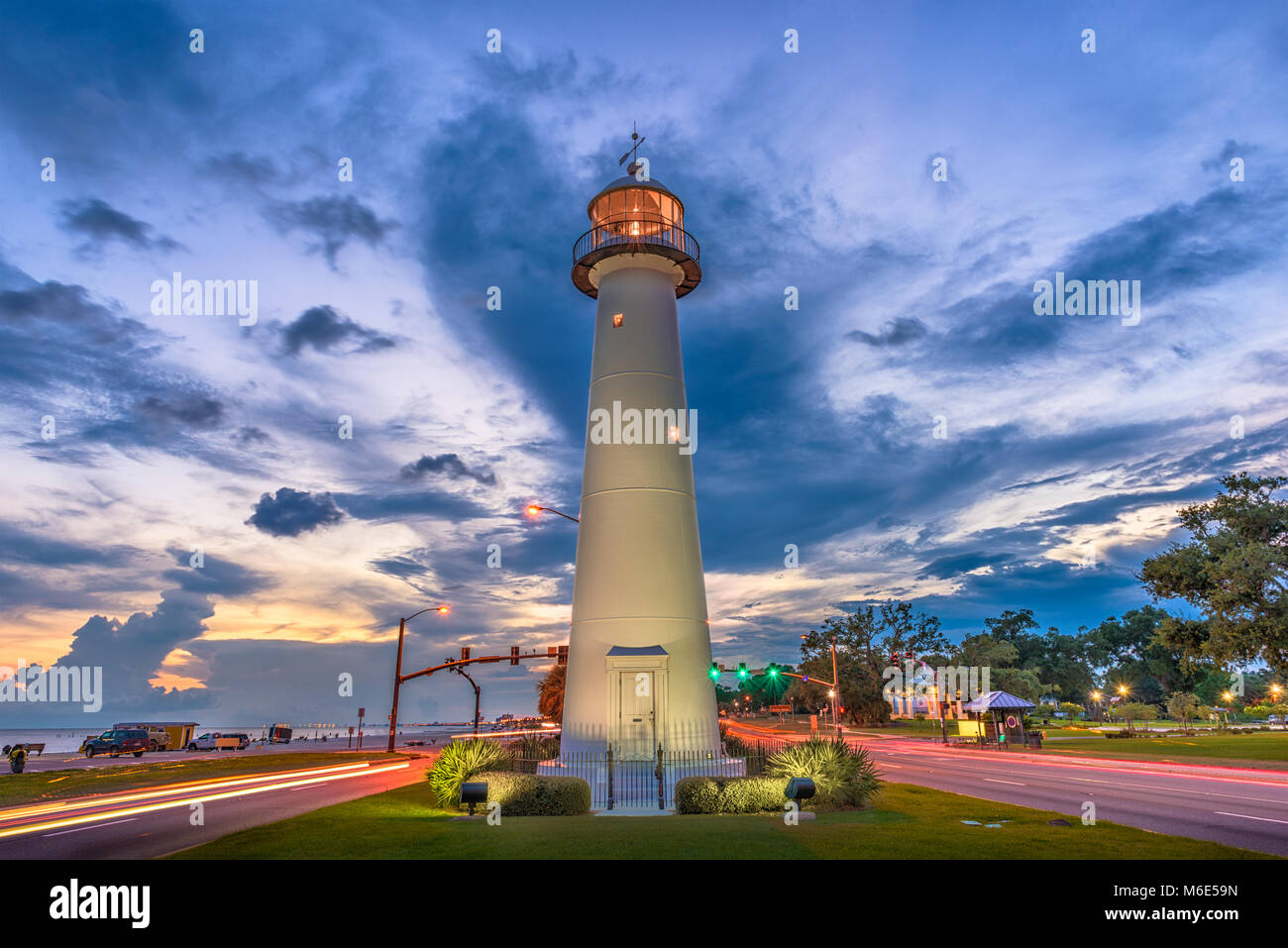 Biloxi, Mississippi, Stati Uniti d'America faro al tramonto. Foto Stock