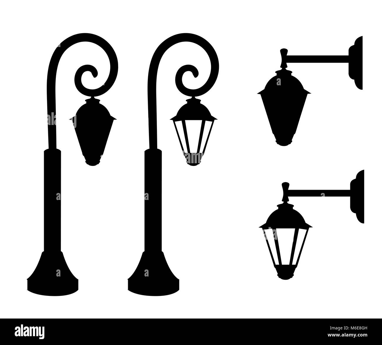 Silhouette di vintage lampioni. Retrò vettore street lampada illumina isolati su sfondo bianco. Pagina del sito web e mobile app design Illustrazione Vettoriale