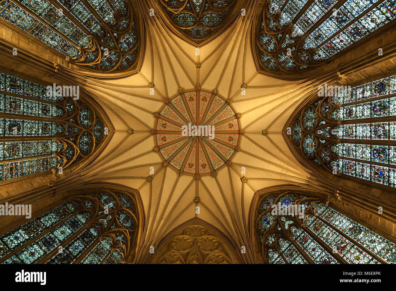 Il medievale magnifico soffitto a volta del capitolo House di York Minster e York, Inghilterra, Regno Unito. Foto Stock
