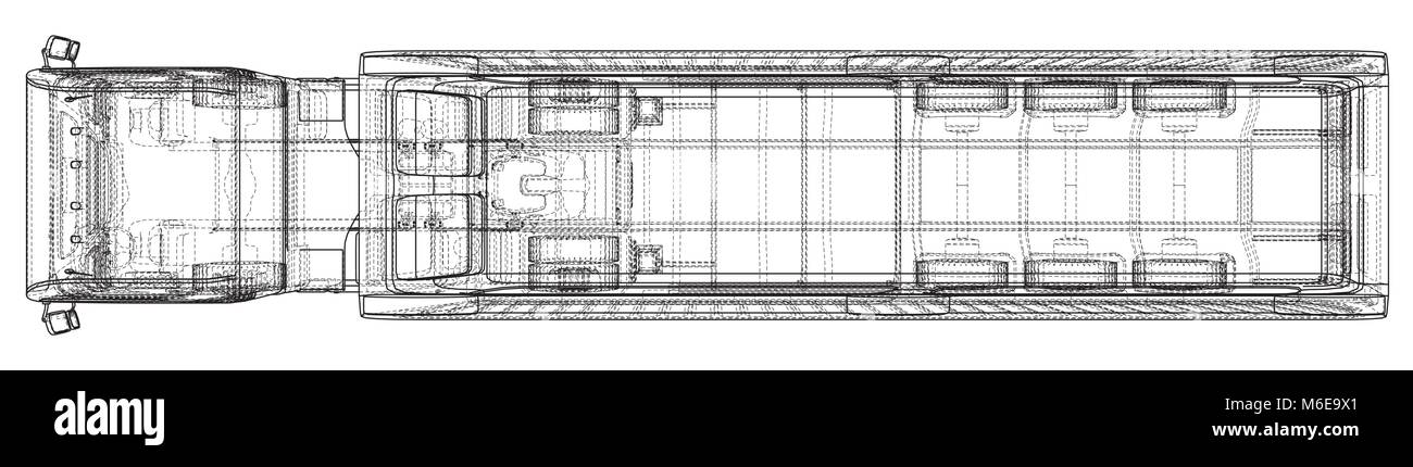 Vista dall'alto. Autocarro ribaltabile su sfondo trasparente, la logistica del trasporto merci e del trasporto di merci industriali commerciali aziendali concetto wire-telaio. Creato illustrazione di 3d. Illustrazione Vettoriale