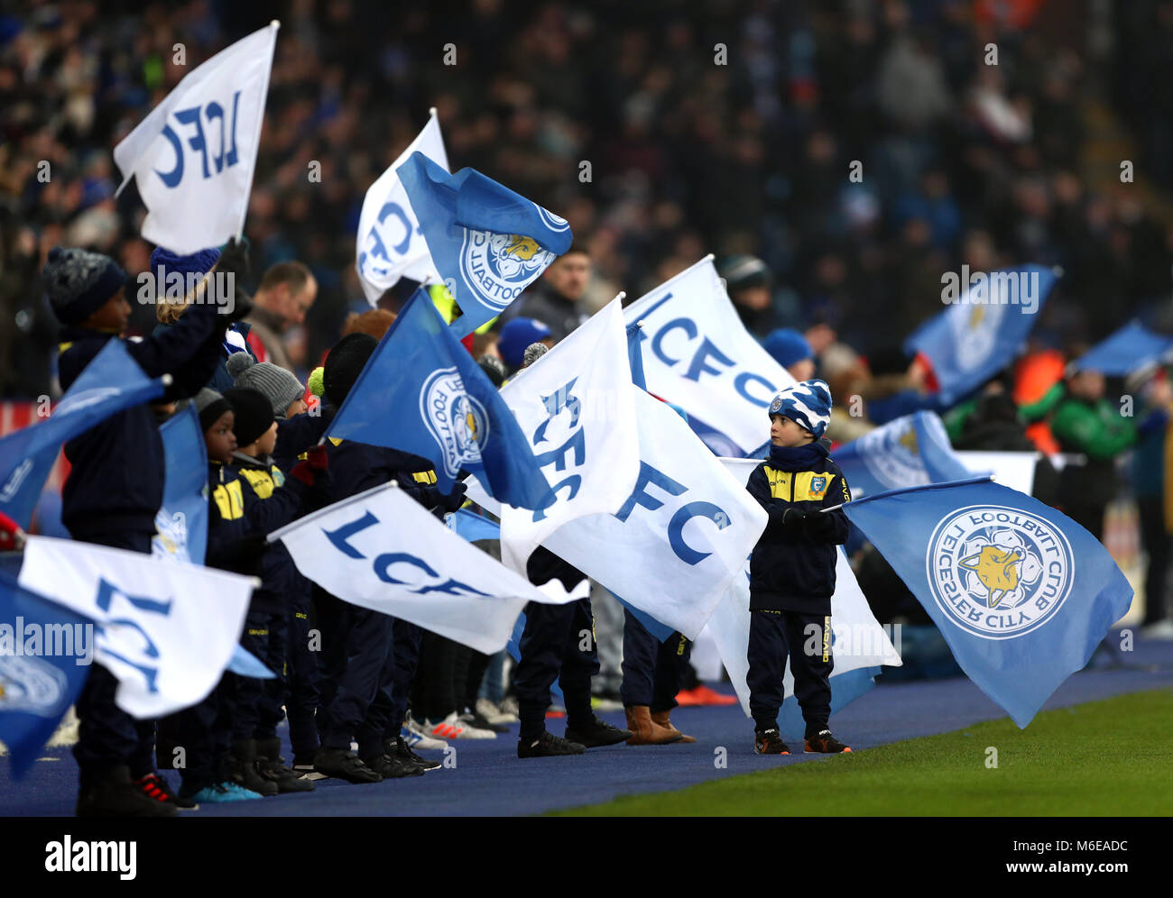 Il Leicester City bandiere prima della Premier League al King Power Stadium, Leicester. Foto Stock